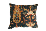 Antique Ziegler Mahal rug fragment pillow: deep blue ground, rust and gold cypress tree design, 19x22.