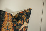 Hand-knotted texture of antique Mahal rug pillow, deep blue and golden cypress pattern.