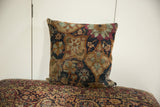 Antique Kerman rug fragment pillow, lustrous cochineal red and powder blue abrash floral design.