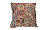 Vintage Meshed rug fragment pillow with intricate red, sky blue, and ivory floral patterns.