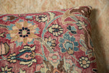 Vintage Meshed rug fragment pillow, featuring time-softened red, sky blue, and ivory floral palmettes.