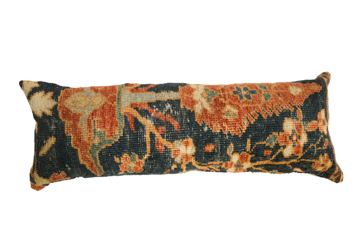 Antique Ziegler Mahal rug pillow with cypress tree motifs in terracotta, dark navy, and saffron yellow.