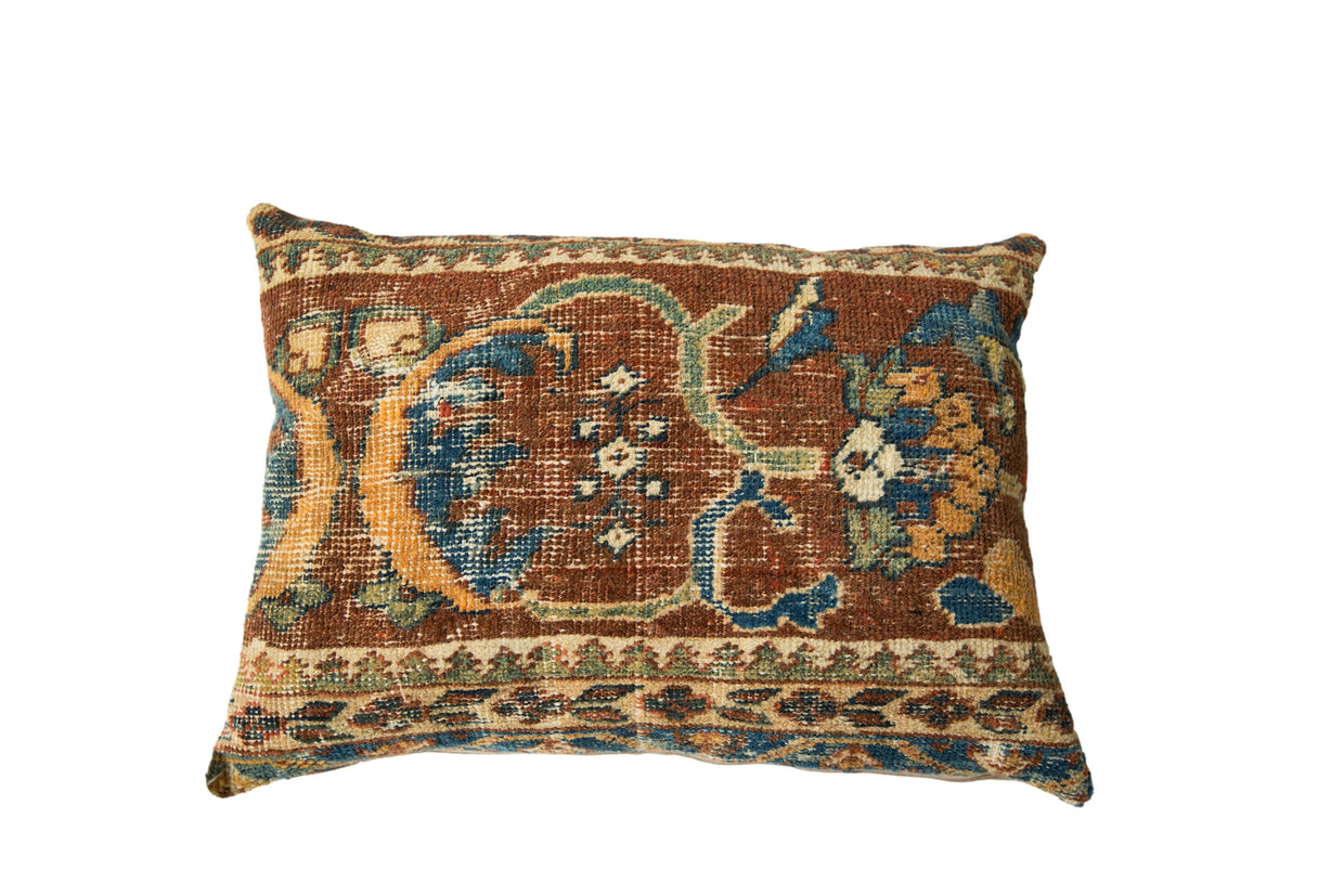 Antique Ziegler Mahal pillow with a reciprocating pawn design in chestnut, sapphire blue, and powder blue.