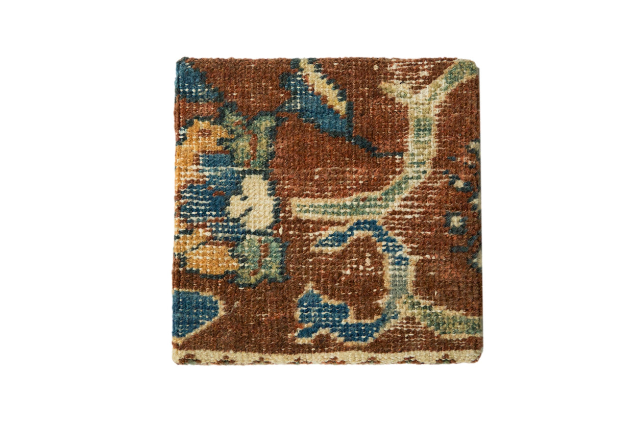 Antique Ziegler Mahal rug art with blue and green vine tendrils on a chestnut brown field.