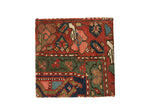 Antique Kurdish Hamadan rug fragment art with geometric motifs in rust-red, sacred green, and navy blue.