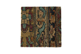 Decorative cork board from an antique Kerman rug with earthy teal, tan, and red geometric patterns.