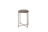 Reclaimed side table stand with a cushioned top upholstered in an antique navy blue and saffron Persian rug fragment.