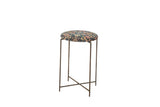 Reclaimed antique rug fragment side table with cushioned top, navy and saffron pattern, 18x18x26.