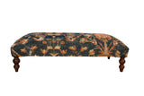 Antique Persian Ziegler Mahal ottoman, deep navy blue and terracotta cypress tree design, 54 inches long.