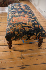Antique Ziegler Mahal ottoman side, terracotta, deep navy, moss green cypress motif, turned leg.