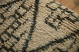 Plush, shaggy wool pile of a vintage Moroccan rug in neutral ivory and dark gray.