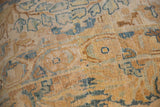 Detailed view of the vintage Persian rug's low pile, showing the woven foundation and storied texture.