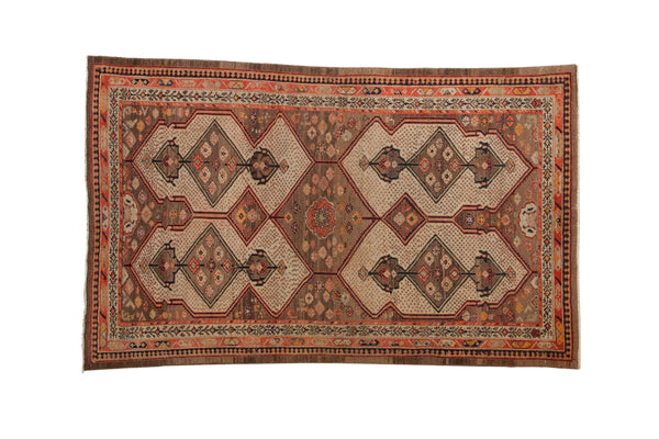 Vintage Malayer rug, shield medallions, figural designs, camel, red, ivory tones. 4'4" x 6'9".