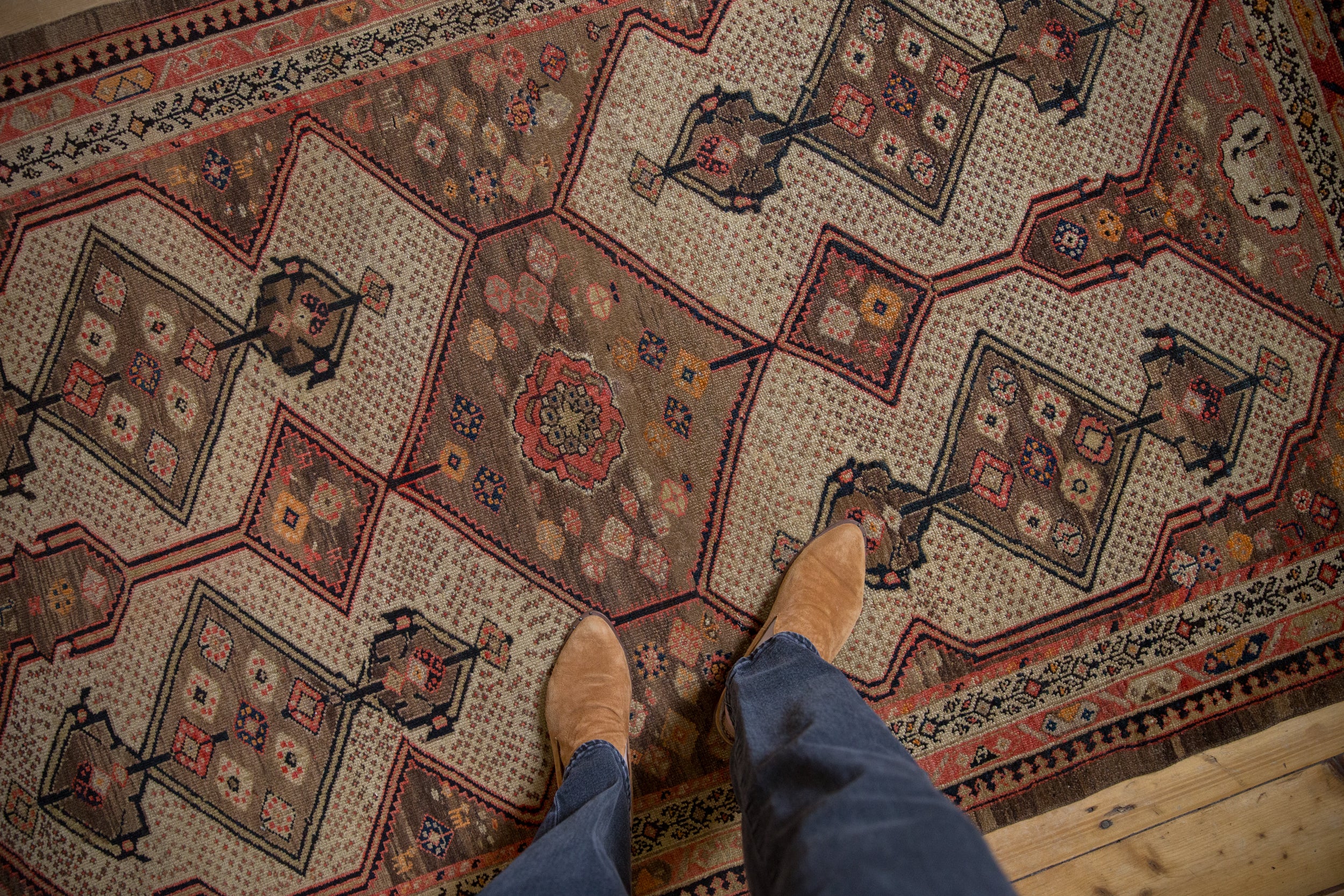 Persian Malayer rug with shield medallions, seeded field, camel, and red tones.