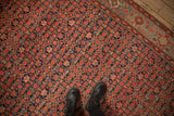 Evenly worn, low pile of a vintage Malayer carpet showing a red and navy blue Herati and henna plant design.