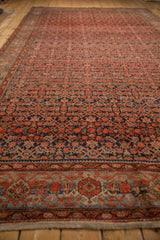 Low angle view highlighting the vintage Malayer carpet's Turtle Samovar border and red field.