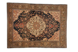 Antique Persian Malayer carpet, navy double concentric medallion, polychrome floral field, Samovar border.
