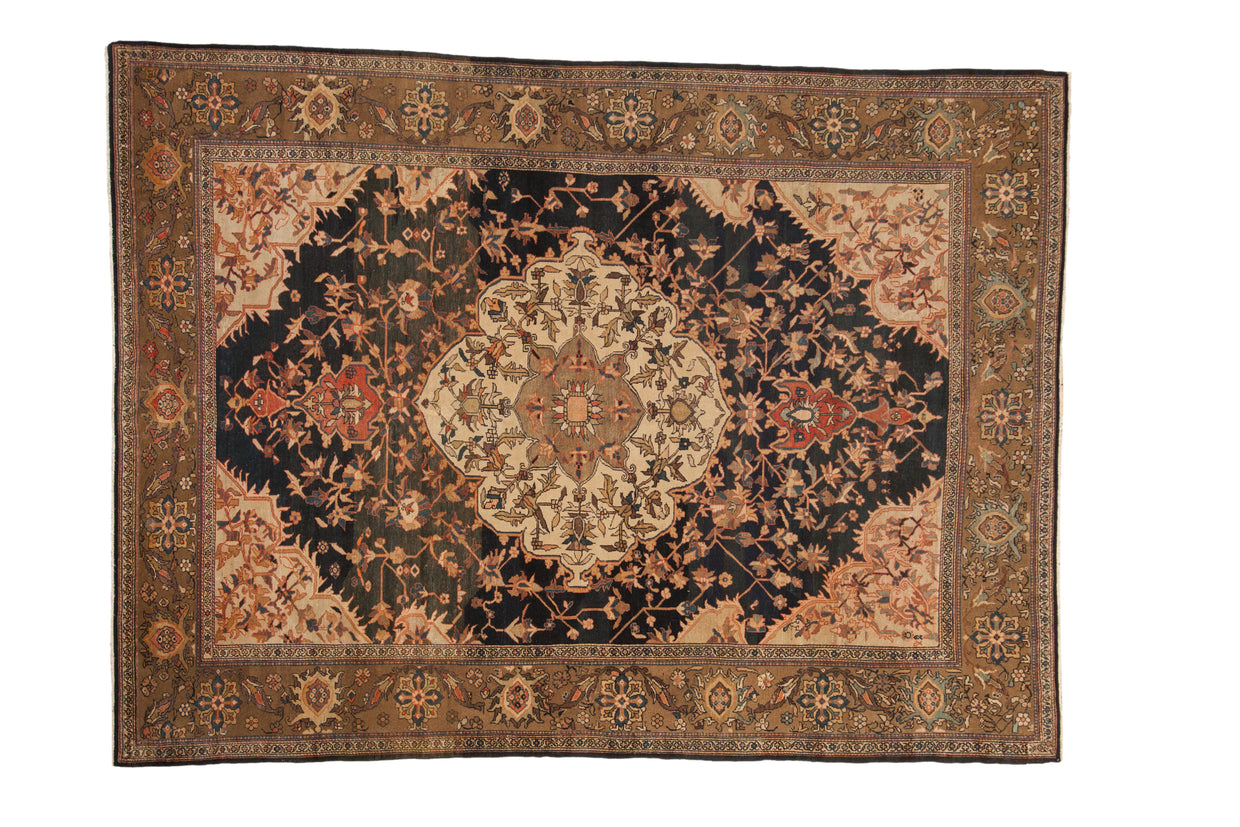 Antique Persian Malayer carpet, navy double concentric medallion, polychrome floral field, Samovar border.