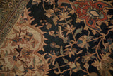Fine Malayer antique rug detail, navy field with polychrome floral vines and blossoms.