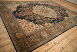 Antique Malayer rug border featuring ivory fringe, olive green ground, and polychrome floral motifs.