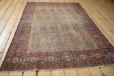Senneh rug's main border with samovar and Herati blossoms, indigo, terra cotta, worn end.