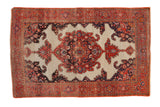 Antique Fine Fereghan rug: central medallion, tiered finials; red, navy, ivory. 4'3