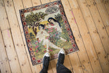 Fine antique Kerman pictorial rug detail: Farsi inscription, serpent in tree, lush ivory, red, green foliage.