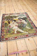 Finely detailed pictorial antique Kerman rug showing Adam, Eve, serpent, Farsi inscription.