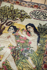 Fine antique Kerman pictorial rug detail of Eve, blush rose, green foliage, Farsi inscription.
