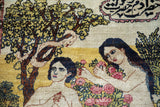Detailed Adam and Eve pictorial with serpent, tree, Farsi inscription on antique Kerman rug.