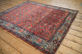 Vintage Malayer rug's vivid powder blue border with germinating floral motifs and fringe.