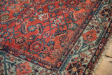 Brick red Herati field meeting the pale blue germinating floral border of a Malayer rug.