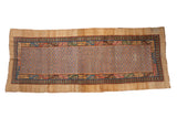 Antique Serab rug runner with a blue lattice field, colorful pawn-motif border, and wide camel edges.