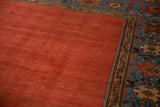 Textured ruby red field with striated abrashes and sapphire blue border with colorful palmettes.