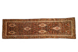 Antique Kurdish Hamadan runner, intricate floral field, ivory diamond medallions, chocolate brown and madder red, 3'2