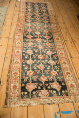 Antique Kurdish Hamadan runner displaying triple column germinating rose motifs and toned, subdued colors.