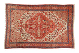 Antique Fine Malayer rug with ruby red shield medallion, beige field, blue details, 4'4