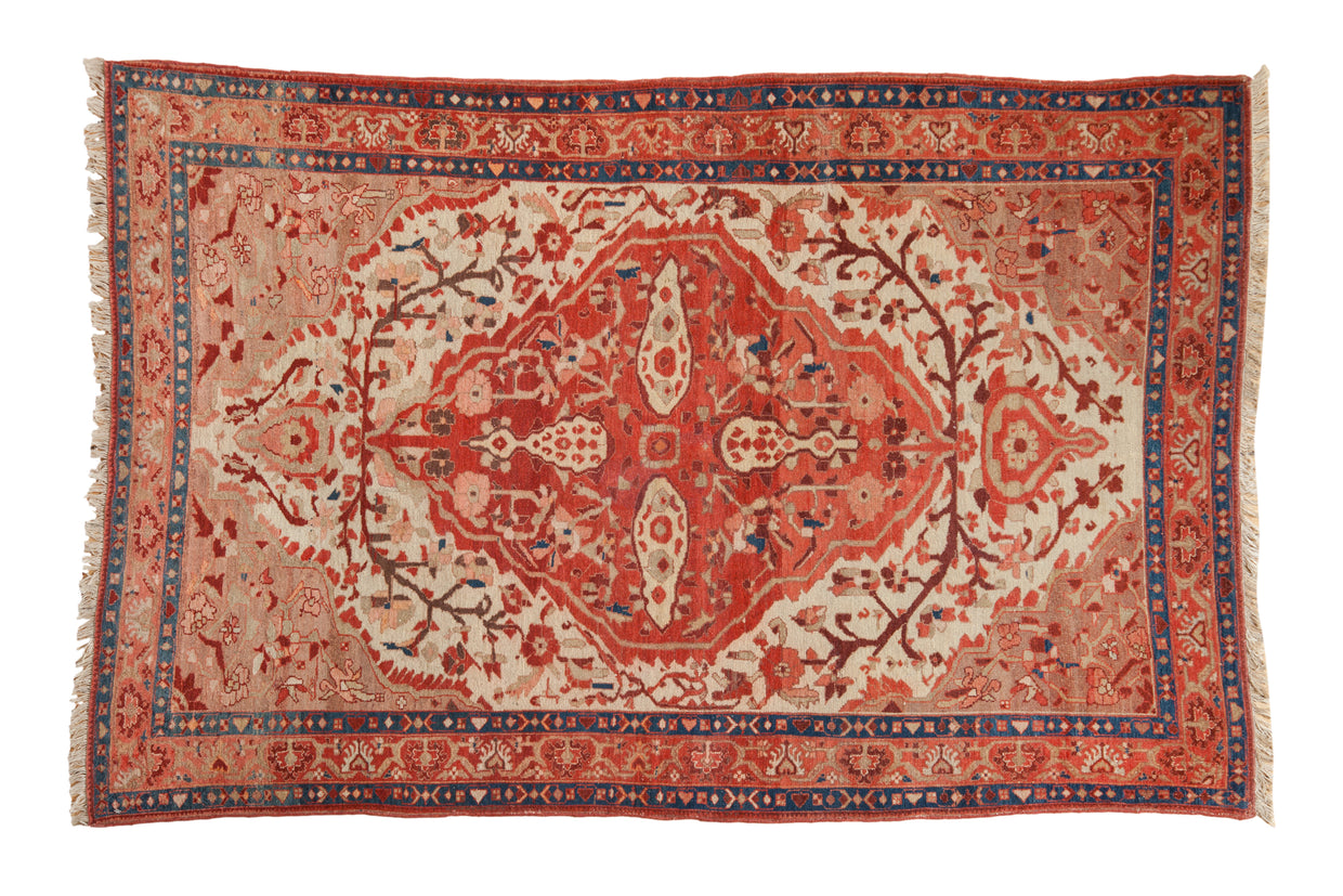 Antique Fine Malayer rug with ruby red shield medallion, beige field, blue details, 4'4