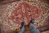 Antique Mishan Malayer rug's shield-like medallion, sprawling vines, and vivid ruby red tones.