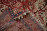 Antique Mishan Malayer rug corner, fine weave, ruby red pile, sapphire border, ivory fringe.