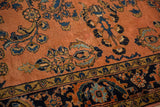 Antique Lilihan border; sapphire blue Herati motif with unique shrimp-like fish on dusty rose field.
