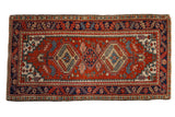 Vintage Heriz runner, triple geometric medallions, brick red, cobalt blue, ivory, 3'1
