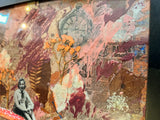 Mixed media art detail with vintage clock graphic, layered paper, and dried orange botanicals.
