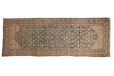 Vintage distressed Hamadan runner with an allover Mahi Mahi design in dusty teal, ivory, and charcoal.