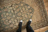 Distressed Mahi Mahi pattern in teal and ivory meets the vine border of a vintage Hamadan runner.
