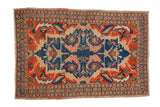 Unusual antique Senneh rug with indigo, tangerine, beige scrolled mahi-mahi design, 2'3