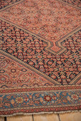 Close-up of a Malayer rug's navy spandrel with inverted colors against the rose Herati-patterned field.