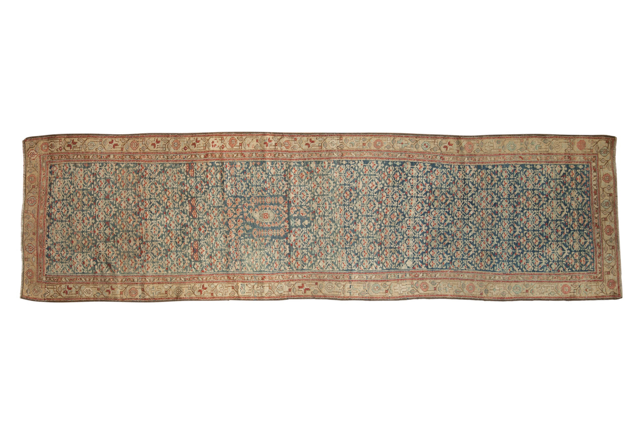 Antique Kurdish Hamadan rug runner with distressed dusty sapphire and madder red plant motifs, 2'8