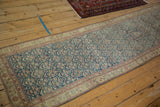 Antique distressed Kurdish Hamadan runner: dusty sapphire blue field, madder red plants, ivory border.