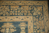 Antique Persian Kerman corner, distressed denim blue field, ivory millefleur border.